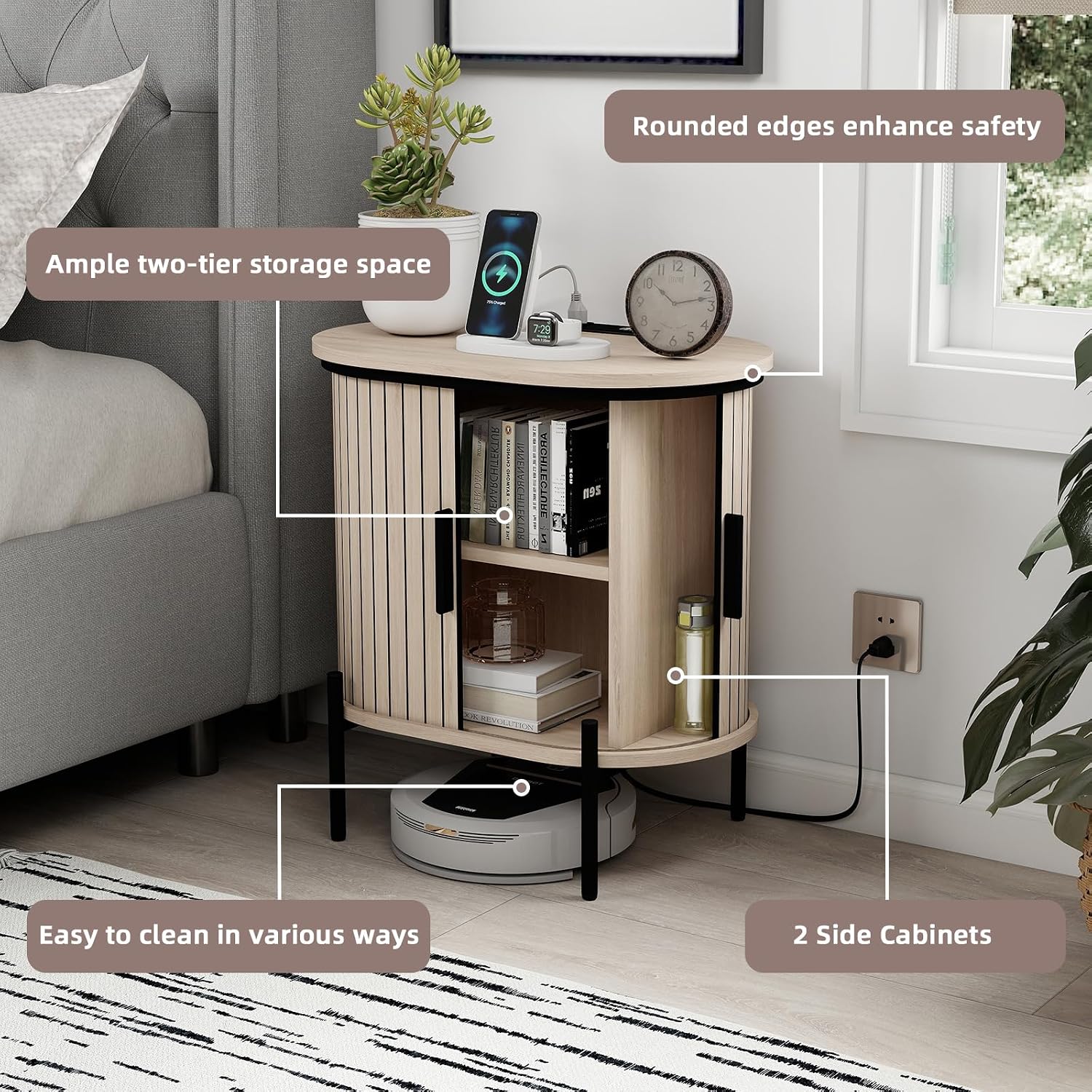 CANMOV Mid Century Modern Side Table,Oval Nightstand with Charging Station & Storage,Fluted Bedside Table with Sliding Doors,End Table for Small Space,Living Room, Bedroom,Kitchen,Oak
