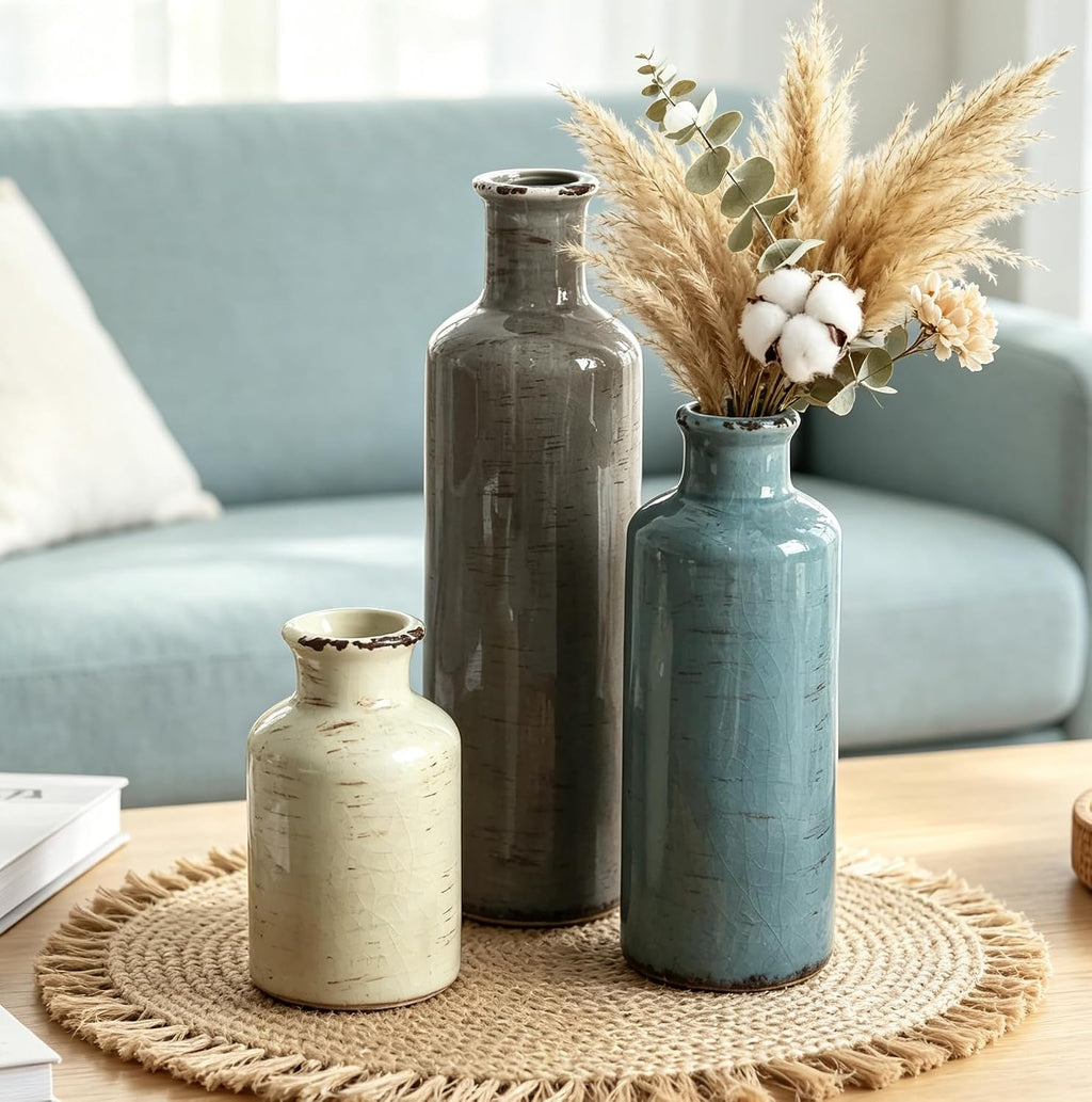 CUCUMI Ceramic Vases Set of 3, Rustic Coastal Vases Home Decor | Farmhouse Flower Vases Decor for Shelves, Ocean Beach Style, Mantle, Fireplace, Coffee Table, Shelf Decorations
