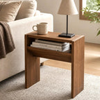 Solid Wood C Shaped End Table for Couch, No Assembly Required Sofa Side Table with Storage Shelf, Small Snack Table Slide Under Couch, Narrow Nightstand for Living Room, Bedroom & Small Spaces