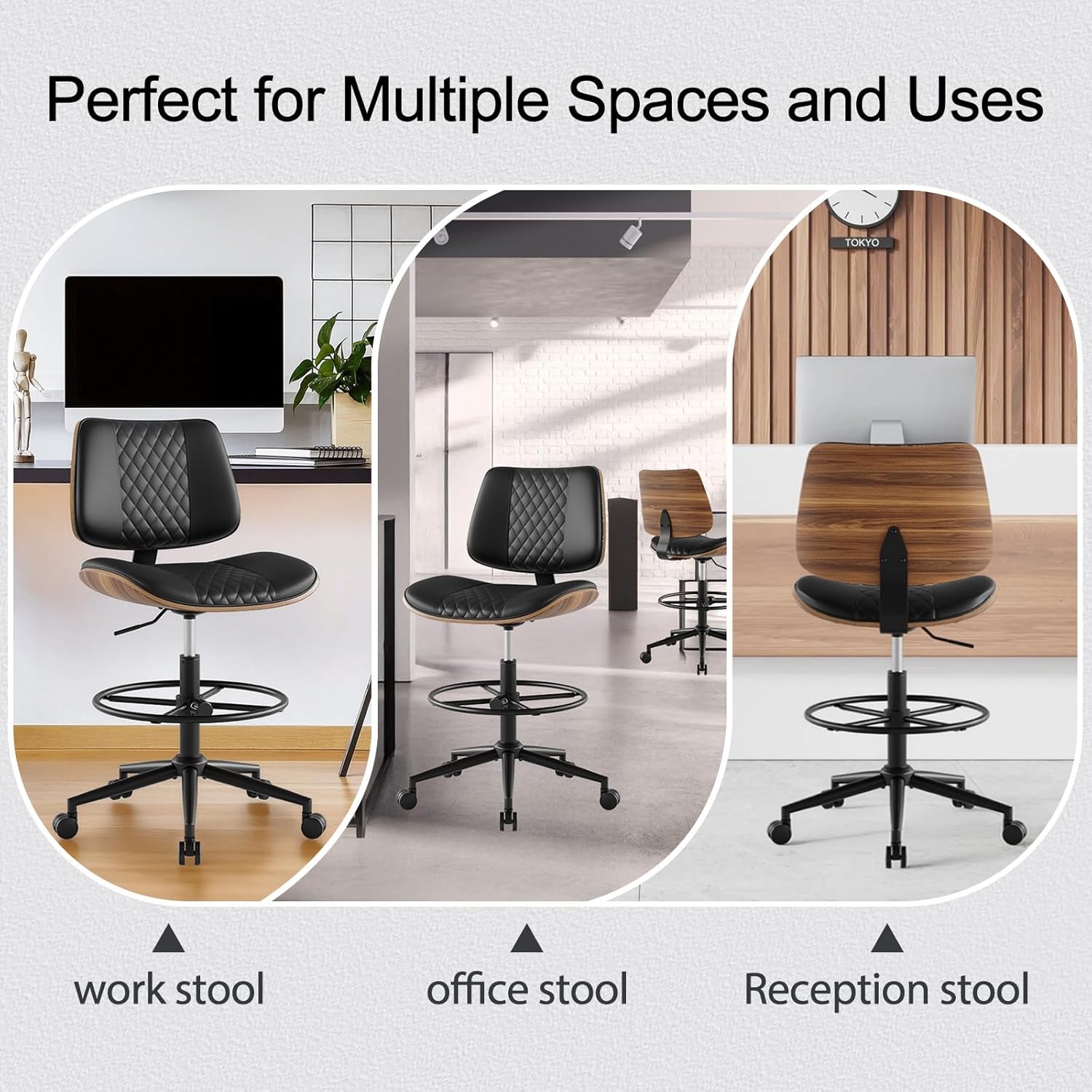 Drafting Chair with Adjustable Footrest, Armless Modern Tall Office Chair for Standing Desk, PU Leather Swivel Stool in Curved Bentwood Style, Ergonomic Rolling Walnut Chair for Office(Black)