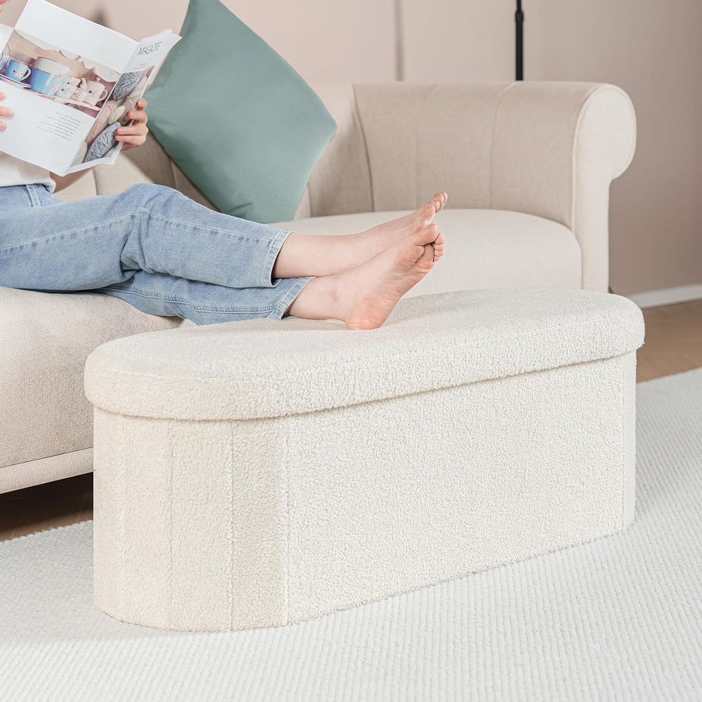B FSOBEIIALEO Ottoman with Storage for Living Room, Sherpa Folding Storage Ottoman Foot Rest, 43.3 Inches Collapsible Bedroom Bench White Cream