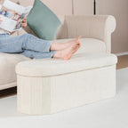 B FSOBEIIALEO Ottoman with Storage for Living Room, Sherpa Folding Storage Ottoman Foot Rest, 43.3 Inches Collapsible Bedroom Bench White Cream