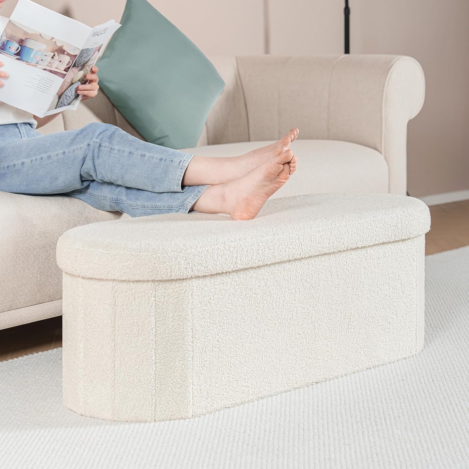 B FSOBEIIALEO Ottoman with Storage for Living Room, Sherpa Folding Storage Ottoman Foot Rest, 43.3 Inches Collapsible Bedroom Bench White Cream