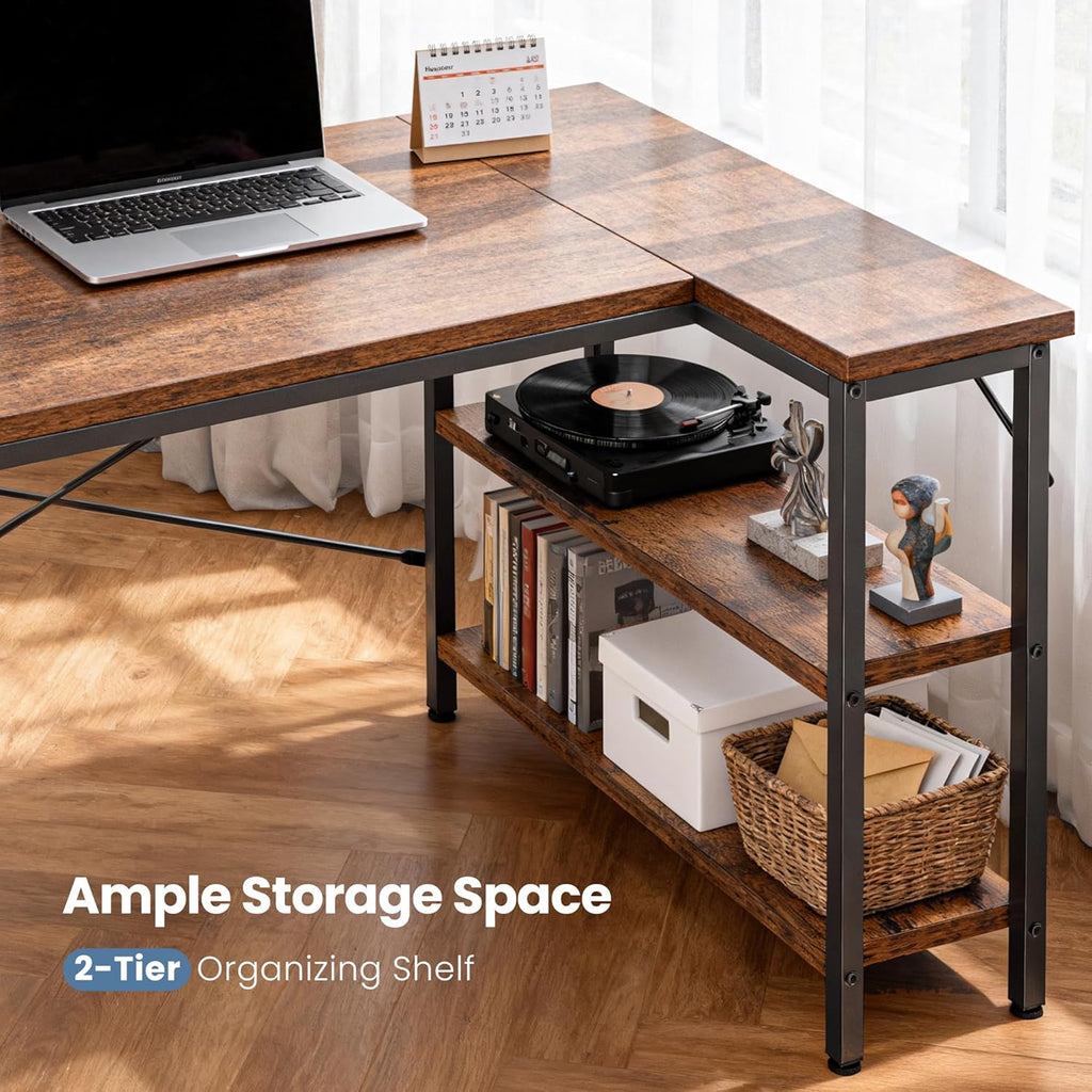 DUMOS L Shaped Desk 55 Inch Computer Desk Gaming Furniture Corner Desks Home Office PC Table with Reversible Storage Shelves for Writing Working Study Bedroom Dorm, Rustic Brown