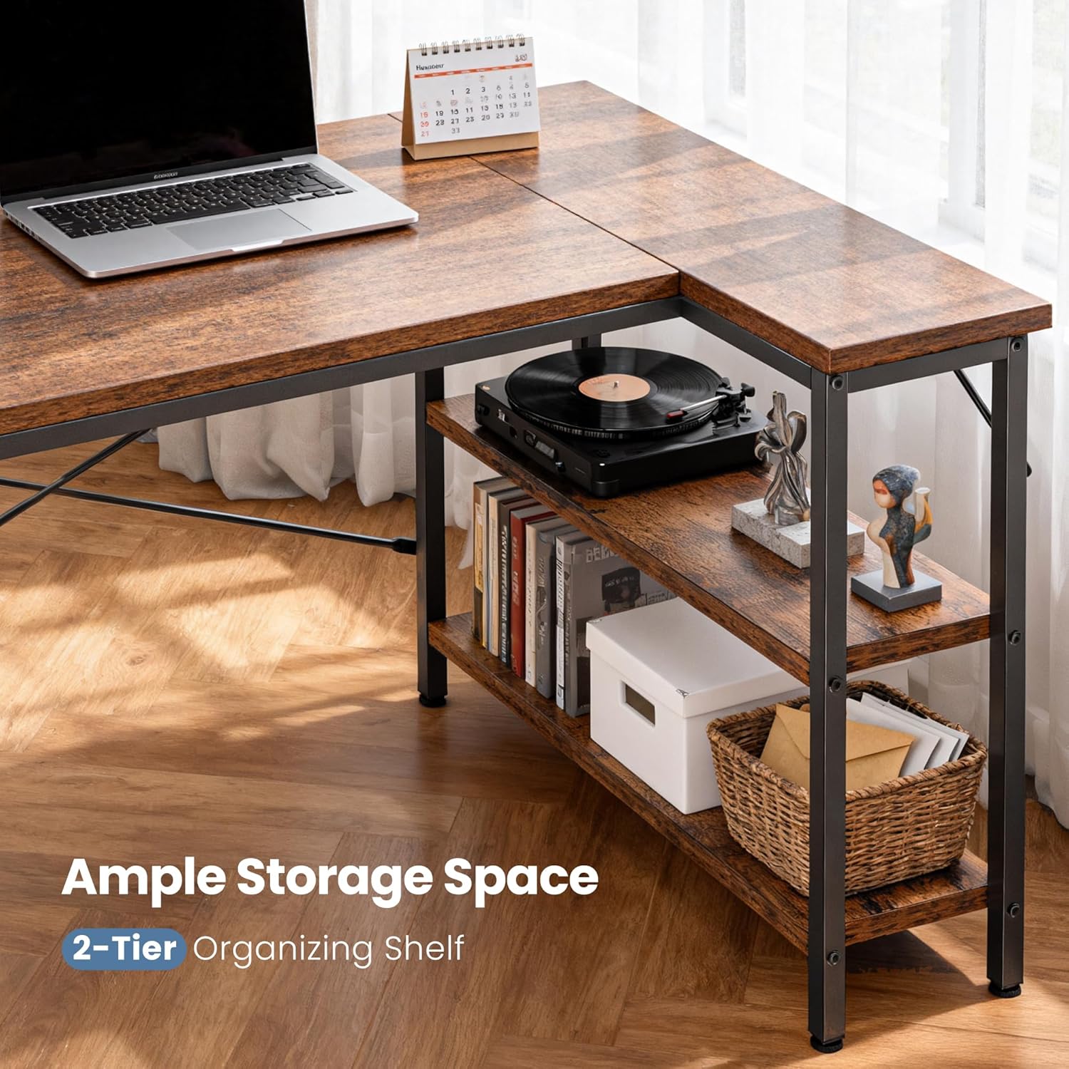 DUMOS L Shaped Desk 55 Inch Computer Desk Gaming Furniture Corner Desks Home Office PC Table with Reversible Storage Shelves for Writing Working Study Bedroom Dorm, Rustic Brown