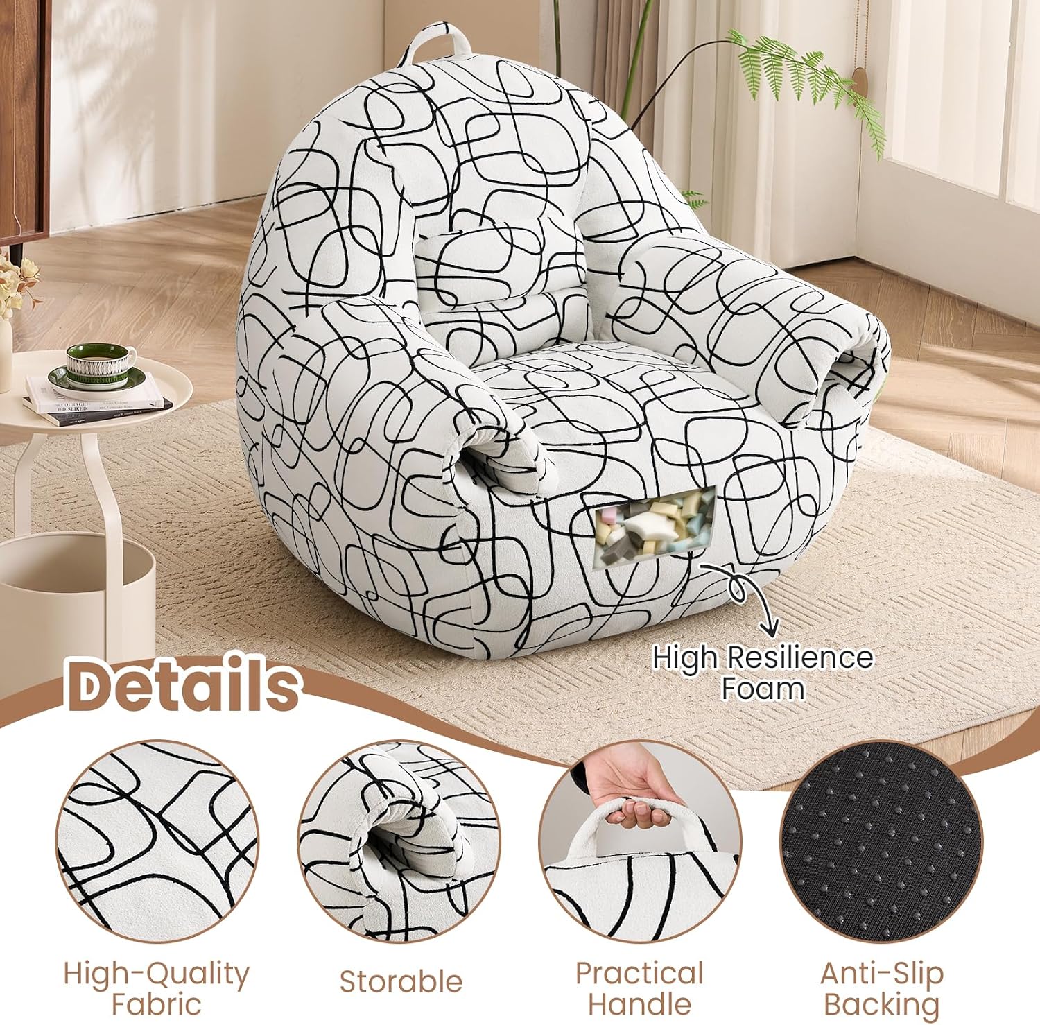 Peace nest Bean Bag Chair with Memory Foam Filled Ultra Soft Jacquard Pattern Cover for Adults Comfy Fur Bean Bag Chairs with Armrests for Bedroom Living Room Office Dorm Reading Lines