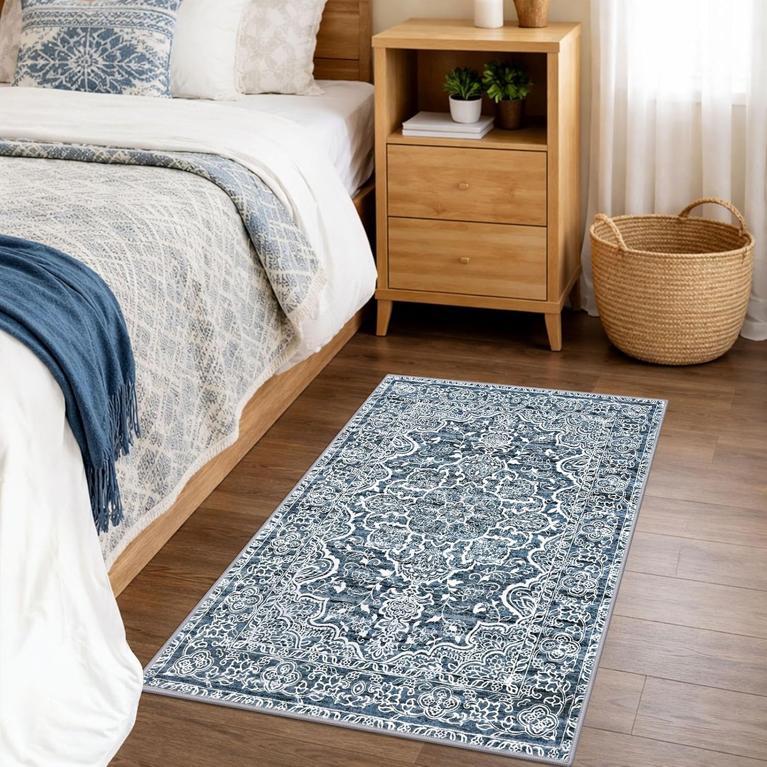 KUTA Entryway Rugs Indoor Non-Slip Washable Small Area Rug 2x3 Blue Entrance Carpet Soft Printed Vintage Floral Distressed Tribal Farmhouse Low-Pile Door Mat for Bedroom Kitchen