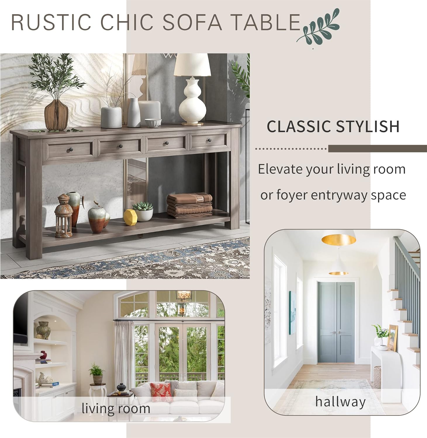 Knocbel Console Table with 4 Storage Drawers and Bottom Shelf, Rustic Distressed Sofa Table for Entryway Hallway Living Room, 63" W x 14" D x 30" H, Gray Wash Color