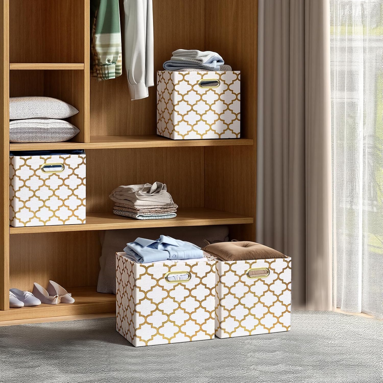 Posprica 13x13x13 Storage Cube Bins, Collapsible Storage Bins Fabric Storage Cubes Organizer Baskets Box Drawers for Shelves, Closet, Wardrobe, Bookshelf, Cabinet, Cream/Gold Lantern, 4 Pack