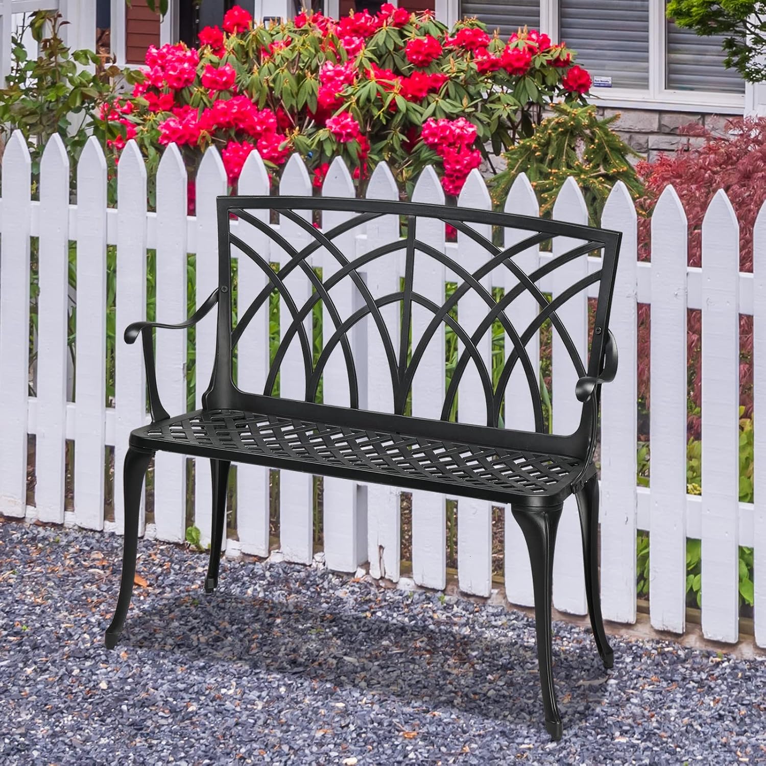 Bonnlo 38" Outdoor Bench, Aluminum Garden Bench with Orchid Patten, Anti-Slip Entryway Bench 1-2 Person Seat for Patio, Lawn, Backyard (Black)