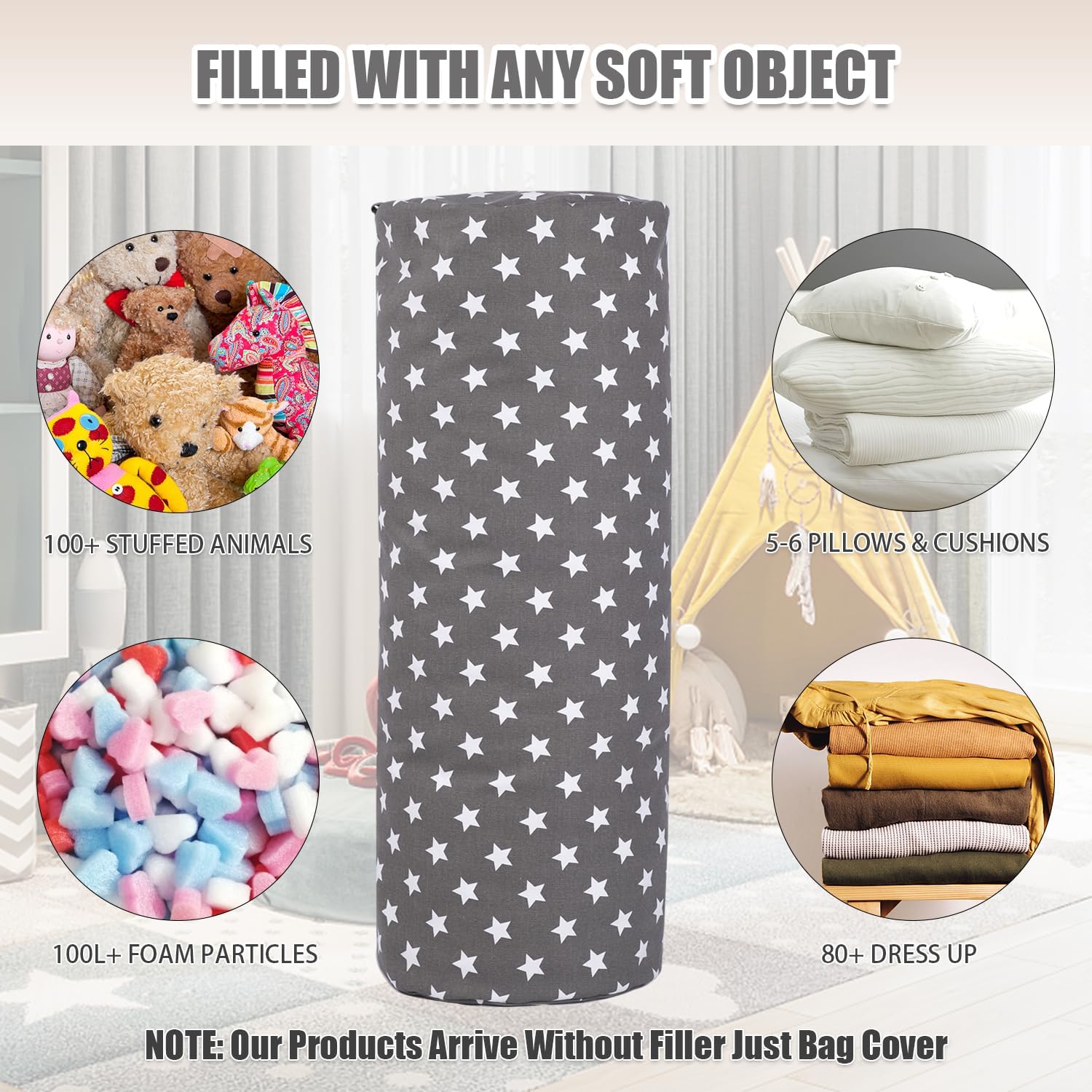 Stuffed Animal Storage Bean Bag Chair Cover (No Filler), Cylinder Plush Toy Storage Stuff and Sit Seat for Kids Boys and Girls, Canvas Large Soft Sit & Play Sofa with YKK Zipper