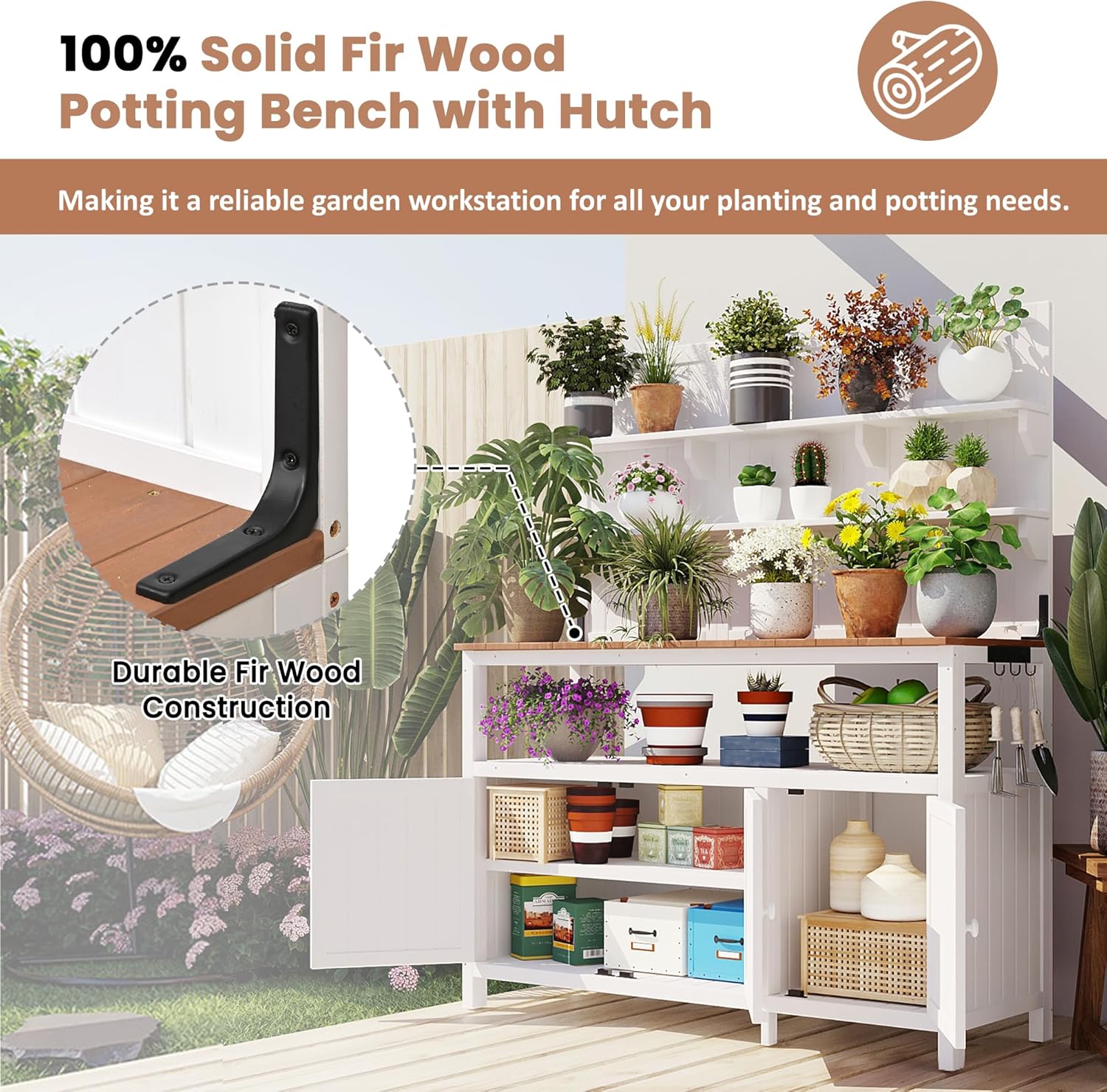 Potting Bench Table with Hutch, 50.2" Solid Fir Wood Garden Workstation, Large Countertop, 2 Shelves, 2 Cabinets, 3 Side Hooks, Outdoor Planting Table for Gardening, White