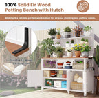 SOFTSEA Outdoor Potting Bench with Hutch, 50.2" Fir Wood Garden Workstation with 2 Shelves & 2 Cabinets, Outdoor Planting Table with Large Countertop & 3 Side Hooks, White
