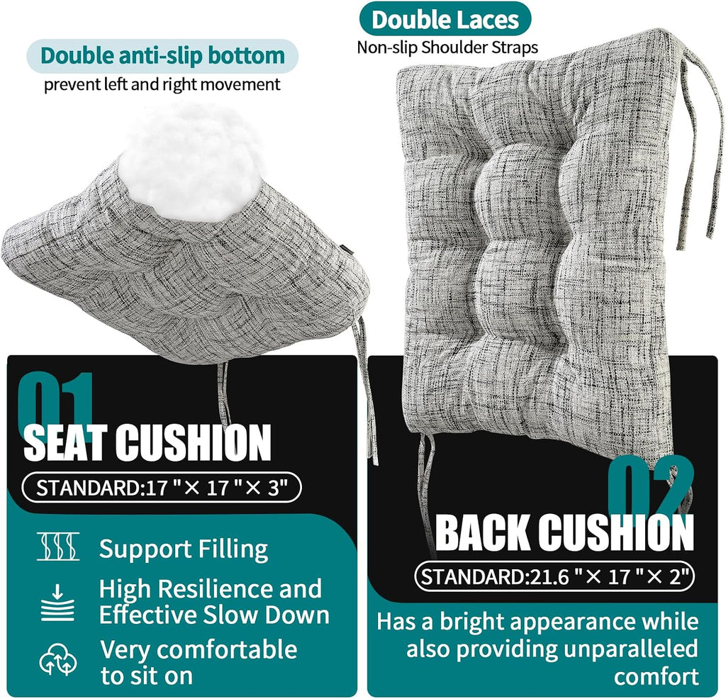SINOSSO Rocking Chair Cushion Set with Thick Padding, Back Pillow & Seat Cushion with Ties, Modern Interwoven Style Indoor Living Room Rocker Chair Pads for Elderly Sitting, White-Gray