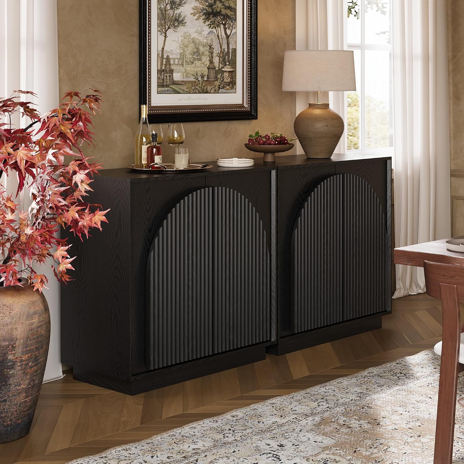 win2win Fluted Sideboard Buffet Cabinet with Storage, 31.5" Modern Accent Cabinet with Double-Layered Arch Doors, Small Wood Console Credenza for Living Room,Dining Room,Entryway,Hallway,Black,1PCS