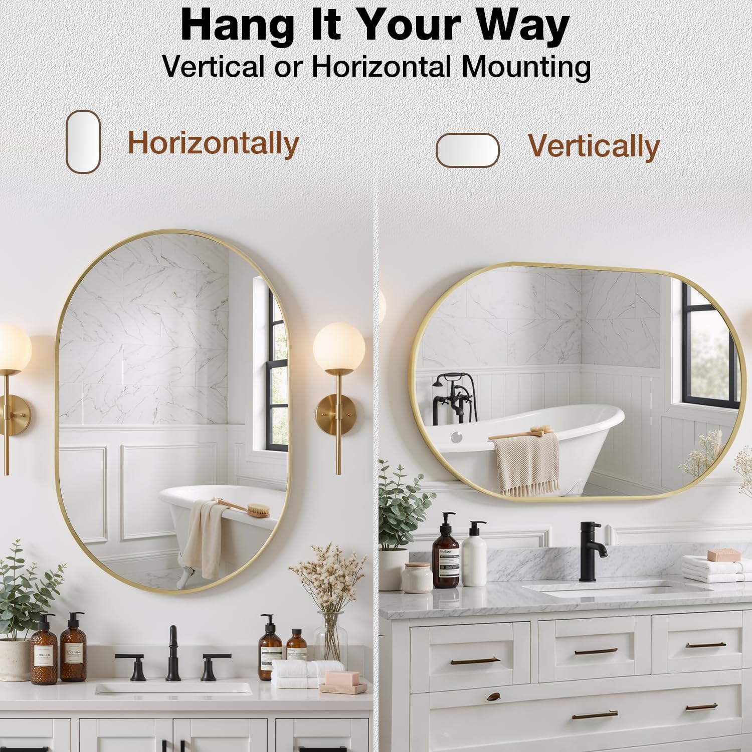 24x36 Inch Brushed Gold Oval Bathroom Mirror, Wall Mounted Vanity Mirror for Over Sink, Tempered Glass with Aluminum Frame, Vertical or Horizontal Hanging