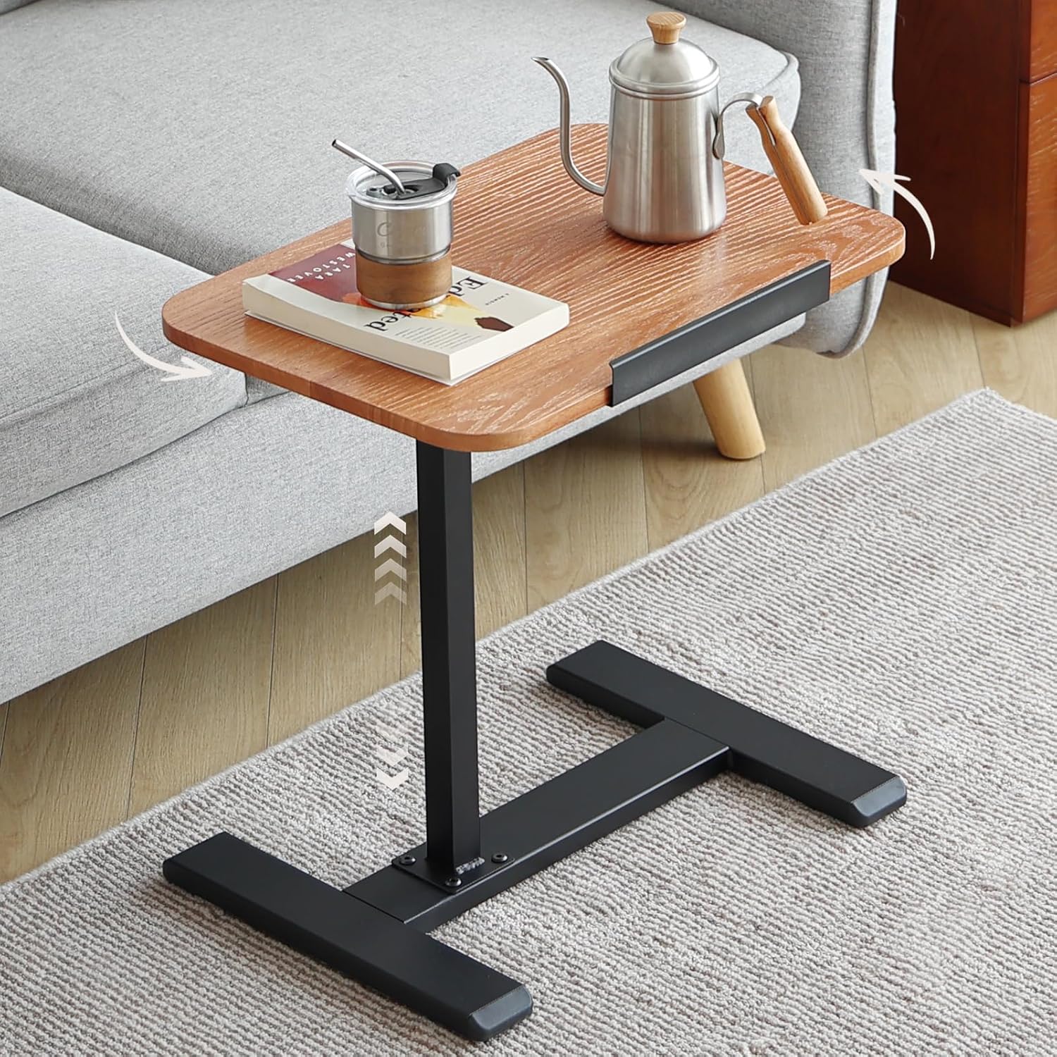 Solid Wood C-Shaped Side Table,360° Rotating TV Tray Table,Height-Adjustable,Sliding Sofa Table,Rolling Laptop Desk for Living Room and Bedroom Use with Sofa,Bed,Chair-Pale Walnut