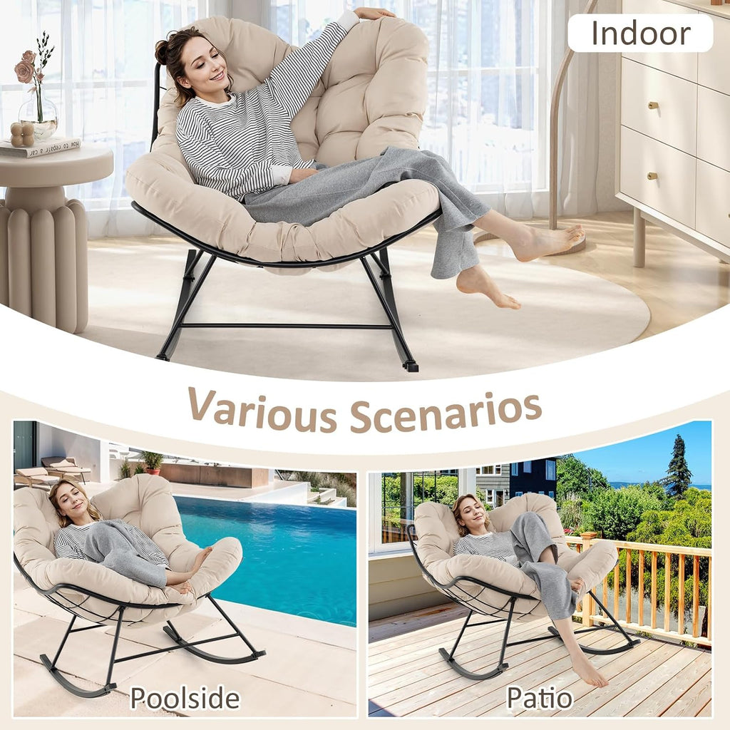 Giantex Outdoor Rocking Chair, Indoor Oversized Egg Papasan Chair with Padded Cushion, Patio Rocker Chair w/Metal Frame for Porch Garden Backyard, 450 lbs Capacity, Beige