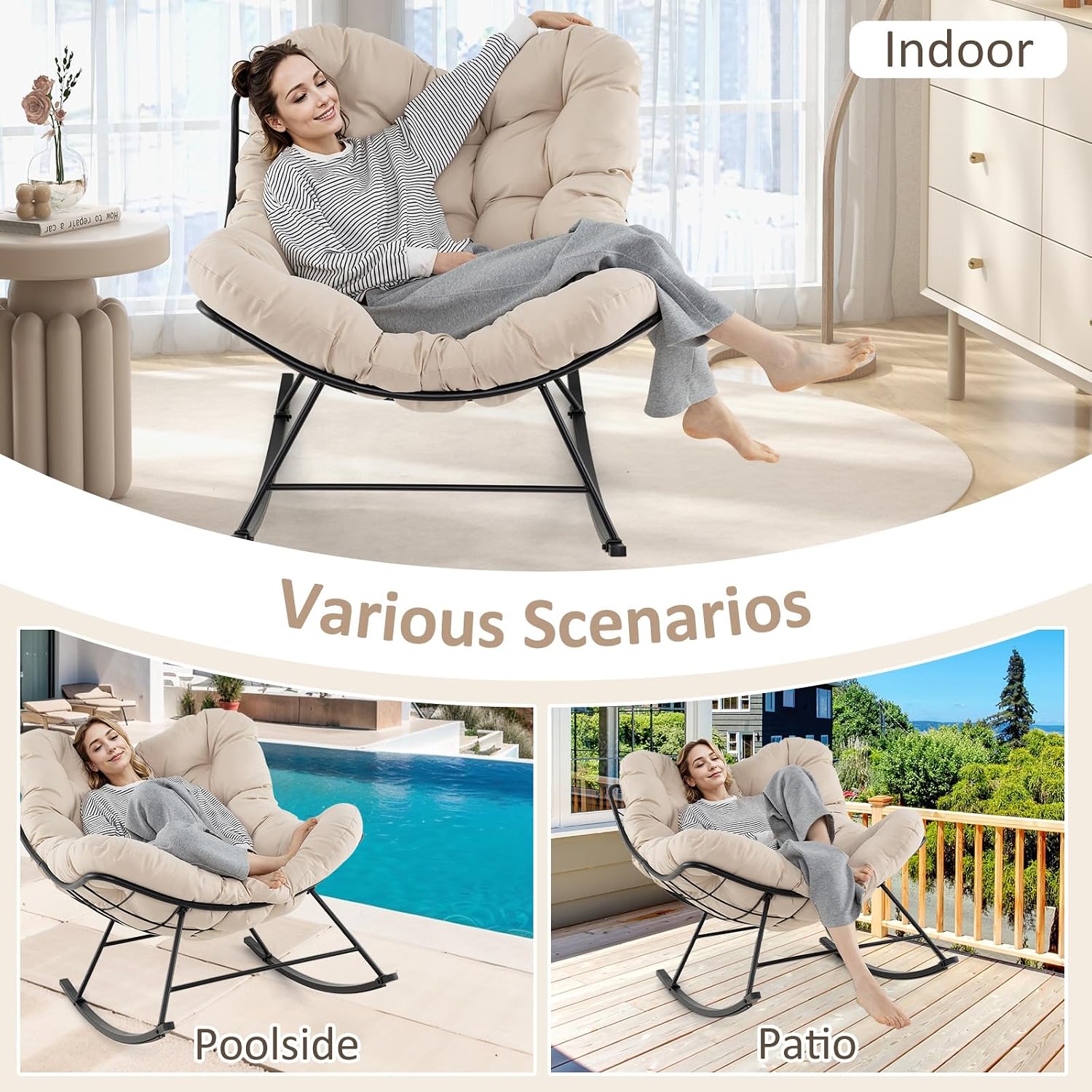 Giantex Outdoor Rocking Chair, Indoor Oversized Egg Papasan Chair with Padded Cushion, Patio Rocker Chair w/Metal Frame for Porch Garden Backyard, 450 lbs Capacity, Beige