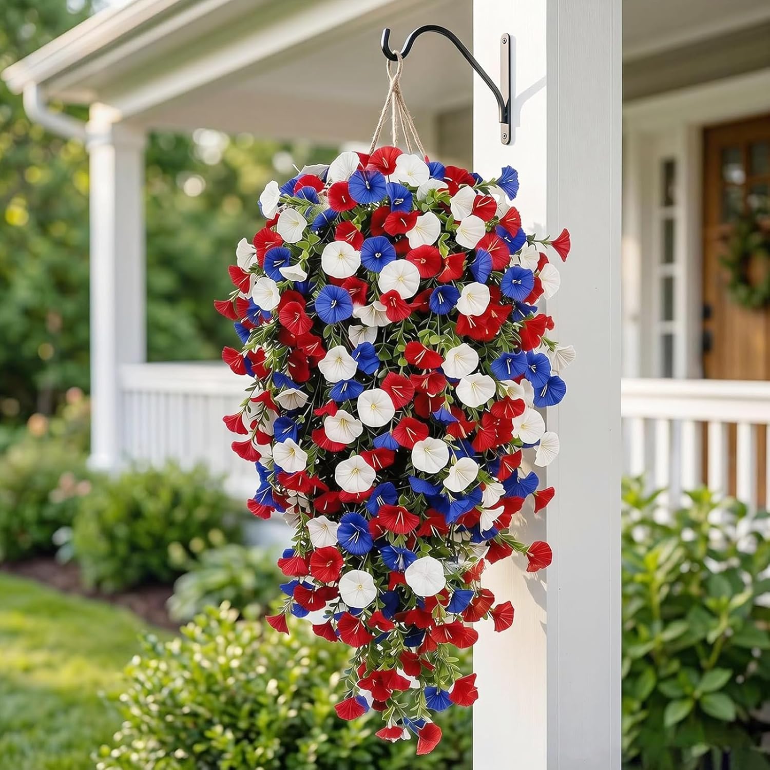 Red White and Blue Hanging Flowers, Patriotic Hanging Flower Baskets,Resistant Faux Silk Flowers, for Porch, Yard, Veterans Memorial Day Patio Home