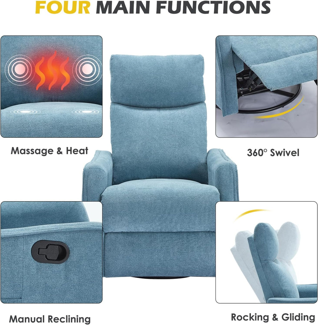 Trustyue Swivel Rocker Recliner Chair, 360° Swivel Recliner with Heat and Massage, Rocker Recliner Nursery Glider Chair with Side Pockets for Living Room (Light Blue, Fabric)