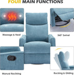 Trustyue Swivel Rocker Recliner Chair, 360° Swivel Recliner with Heat and Massage, Rocker Recliner Nursery Glider Chair with Side Pockets for Living Room (Light Blue, Fabric)