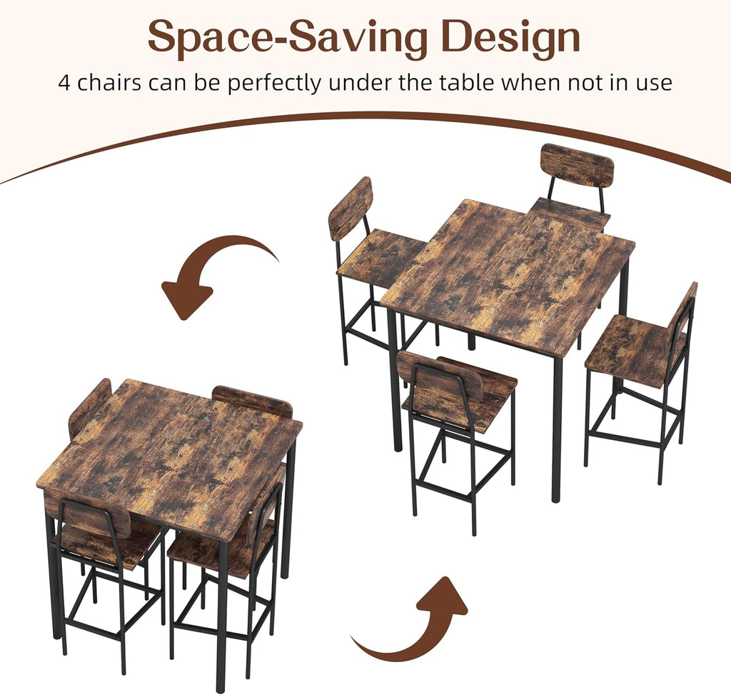 NUNU LAB Kitchen Table and Chairs of 4, Dining Table Set for 4 with Space Saving, Sturdy Industrial Space Saving Dinette Set for Pub, Dining Room, Rustic Brown