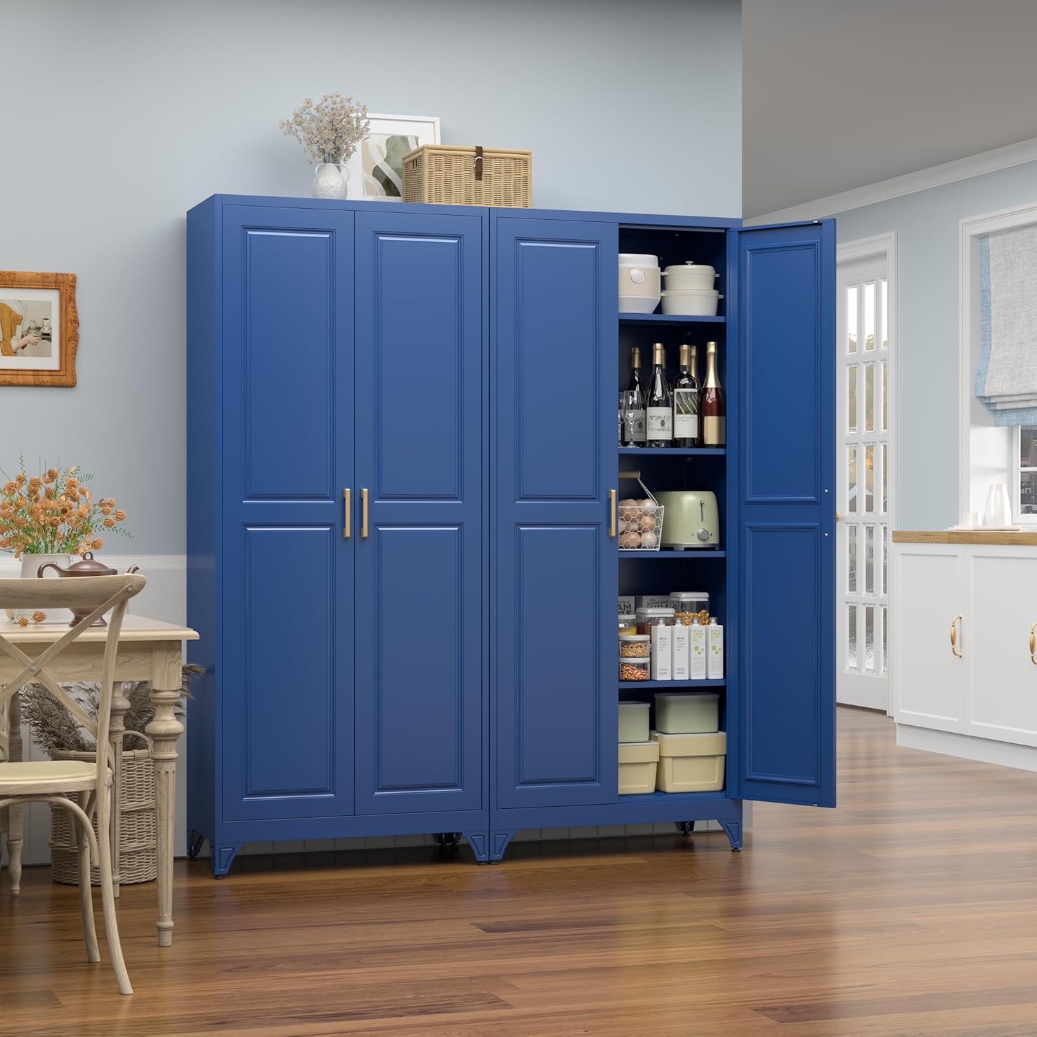 Kitchen Pantry Storage Cabinets, 75" Tall Metal Storage Cabinet with Doors and 4 Shelves, Blue Pantry Cabinet, Utility Kitchen Cupboard, Large Steel Cabinets for Dining, Office, Living Room