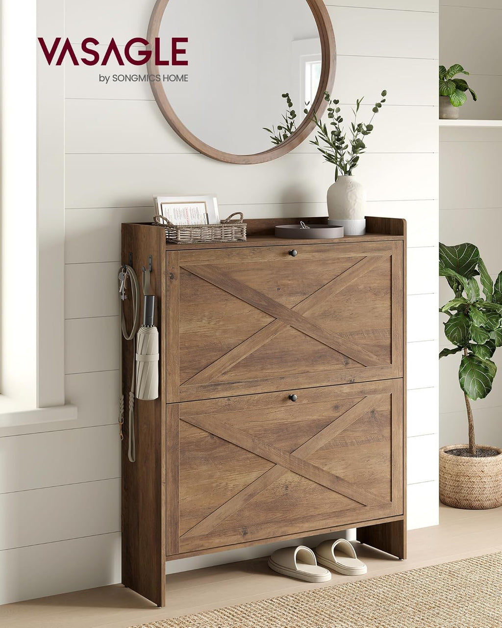 VASAGLE Shoe Storage Cabinet Organizer with 2 Flip Drawers, Freestanding Narrow Shoe Rack Cabinet for Entryway, Farmhouse Style, Fits 14 to 16 Pairs, Honey Brown UHSC203KB01S