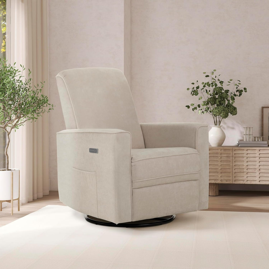 Evolur Harlow Upholstered Power Glider Recliner with USB Charging – Rocking & 275° Swivel with Smooth Glide – Greenguard Gold & FSC Certified – Modern Nursery and Living Room Chair in Tan