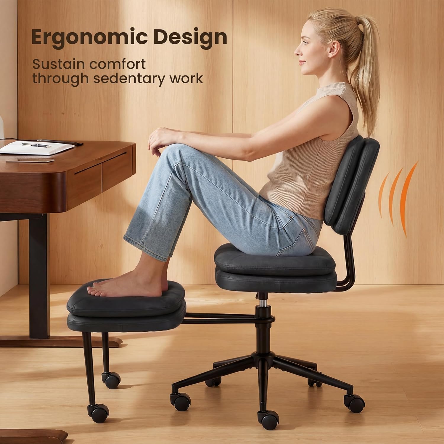 COSIEST Cross Legged Office Chair with Wheels, Ergonomic Kneeling Chair for Adults, Criss Cross Chair with Wide Seat, Comfortable Home Office Desk Chair, 360° Swivel Adjustable Height, Black