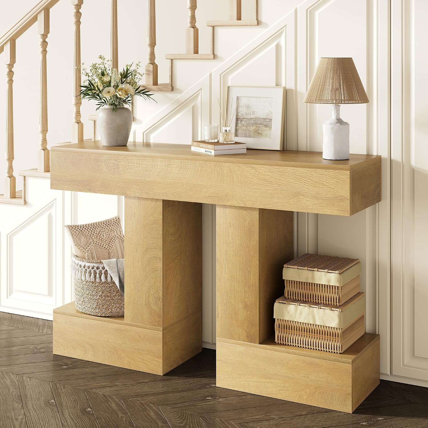 47.24-Inch Console Table, Farmhouse Sofa Table Behind Couch with Storage, Industrial Entryway Table for Living Room, Hallway, Entrance & Foyer, Natural Wood Finish