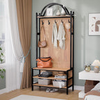 76.8" Hall Tree with Bench and Shoe Storage, 6-in-1 Entryway Coat Rack with 5 Hooks, Arched Hall Tree for Entryway, Mudroom or Foyer, Metal Frame Shoe Organizer with Open Bottom Shelf, Natural