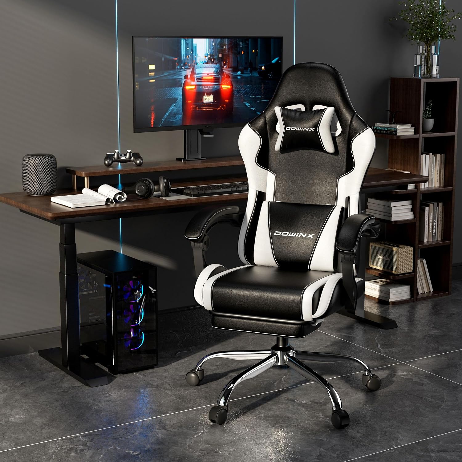 Gaming Chair with Footrest & Massage Lumbar, Ergonomic Reclining Gaming Chair 330lbs with Headrest Pillow for Office, Home & Long Gaming Sessions, White