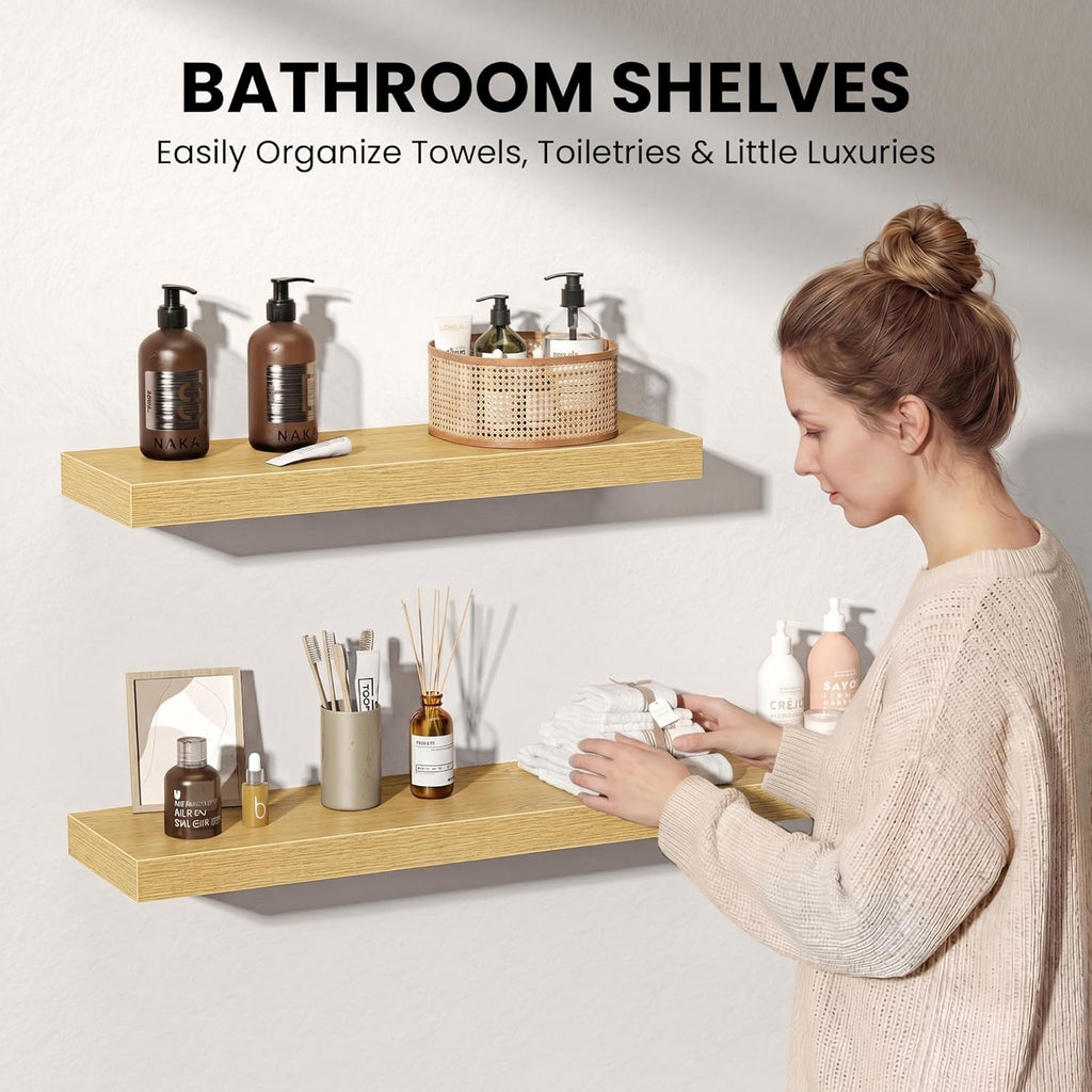 Fun Memories 20Inch Floating Shelves for Wall, 8 Inch Deep Shelves for Bathroom|Bedroom|Kitchen Wall Mounted, Wood Hanging Shelf with Invisible Brackets for Home Storage Decor, Oak - 2 Pack