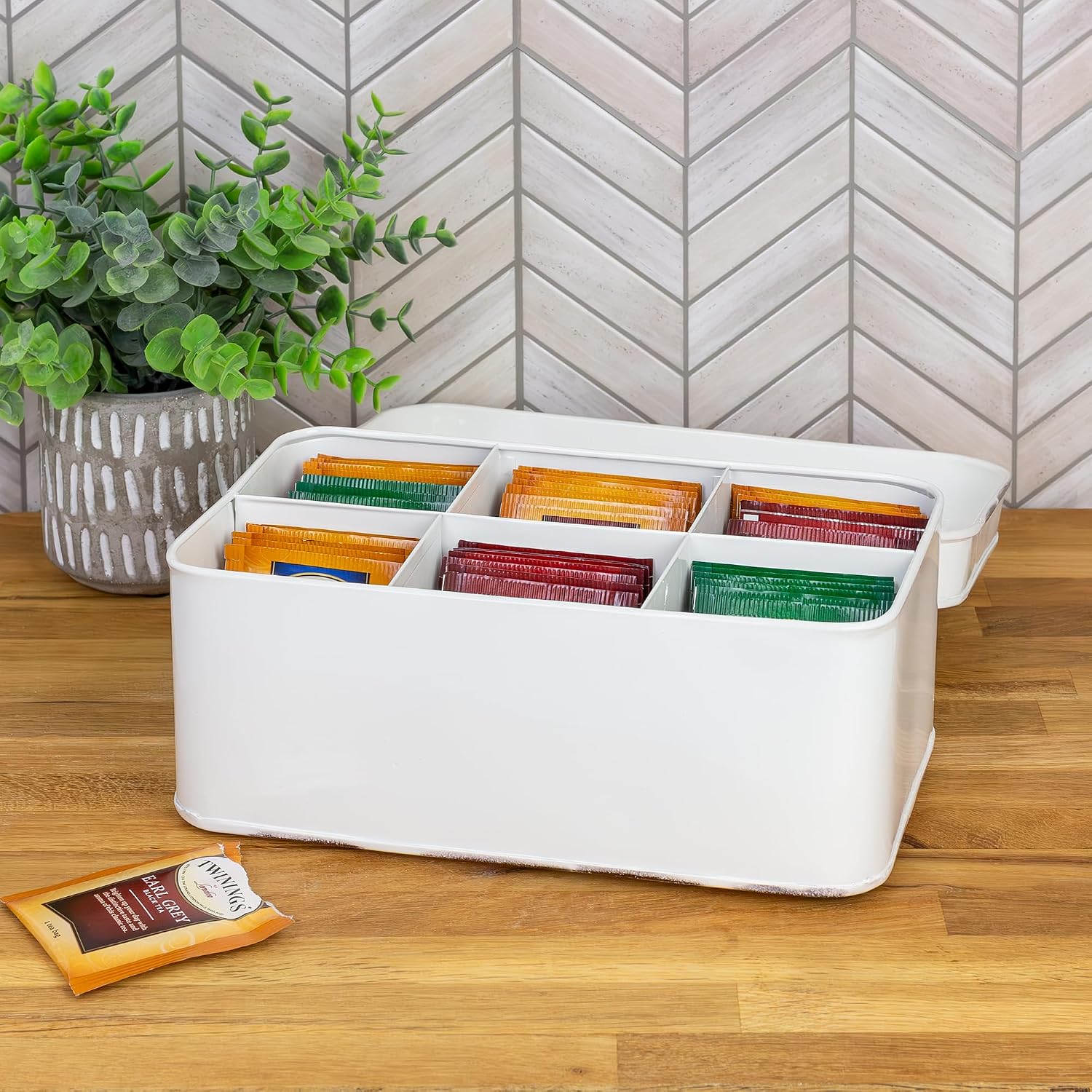 AuldHome Design Farmhouse Tea Bag Box (White), Vintage Retro Style Enamelware Tea Storage Tin