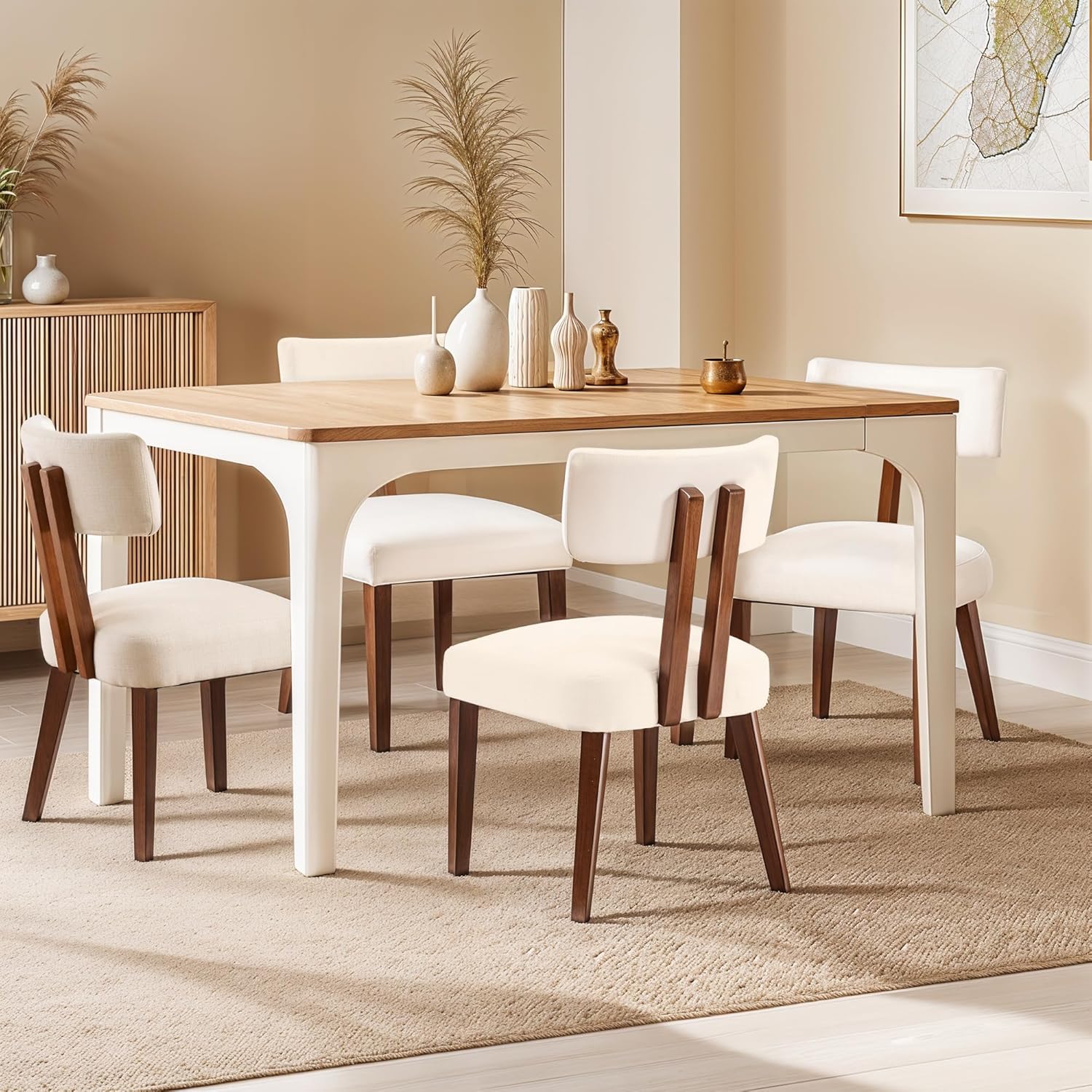 MOJAY Dining Chairs Set of 4, Mid Century Modern Kitchen Chair Linen Fabric Side Chairs with Curved Backrest for Kitchen, Dining Room, Restaurant, or Patio, Off-White