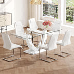 Modern Faux Marble Dining Table Set for 6, 63" Rectangular Kitchen Table with Elegant U-Shaped Pedestal Base and 6 Sleek Cantilever Chairs, Contemporary 7-Piece Dining Room Furniture Set
