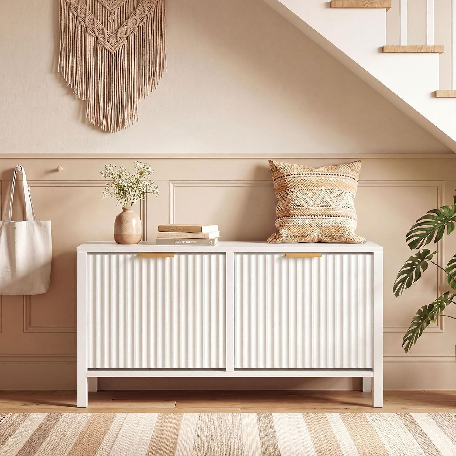 Giantex Shoe Storage Bench with 2 Flip Drawers, Wooden Entryway Bench with Storage, Fluted Doors, Adjustable Shelves, Hidden Shoe Cabinet for Entry Way, Hallway, Foyer, Living Room (White+Gold)