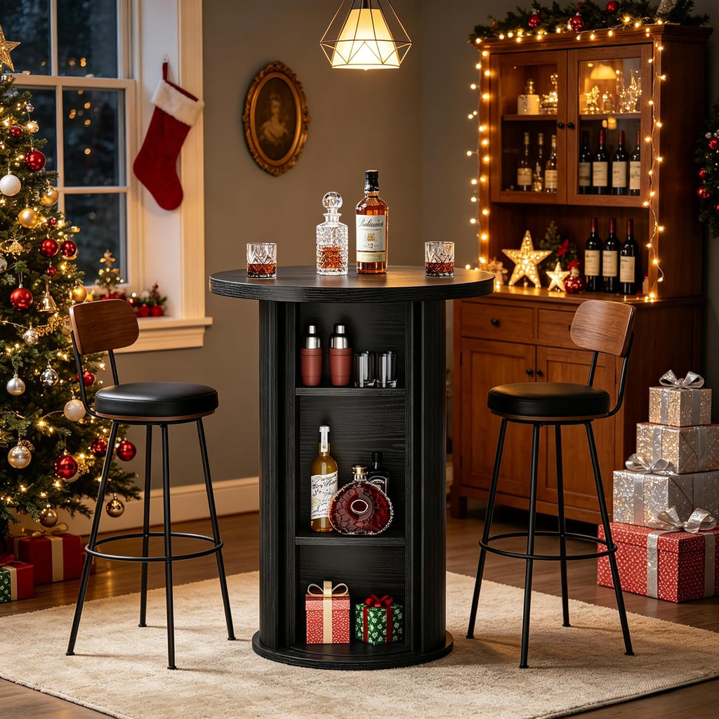 Tribesigns Round Bar Table, 35.4" Bar Height Bistro Pub Table with 3-Tier Hidden Storage & Slide Door, Wood High Top Cocktail Table for Home Bar, Kitchen, Small Space