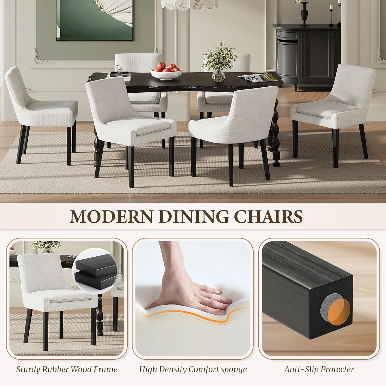 Modern Dining Room Chairs Set of 6 with Mid Back and Wood Legs, Upholstered Kitchen Chairs for Dining Room/Living Room, Beige