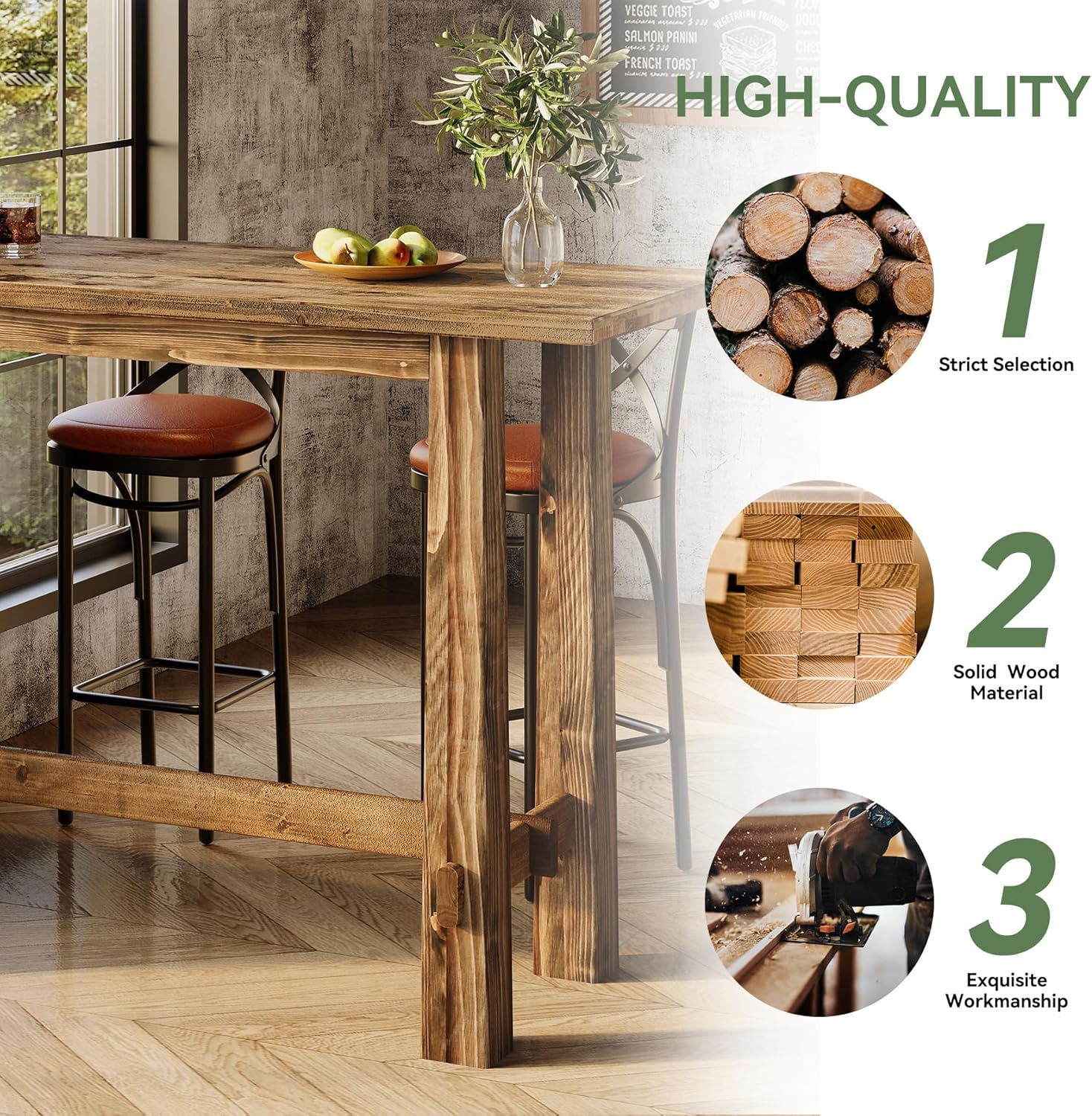 Solid Wood Bar Table, 63" Long Bar Height Pub Table, Narrow Home Bar Unit, Tall Wooden High Top Table for Kitchen, Home Bar, Café or Restaurant, Rustic Brown