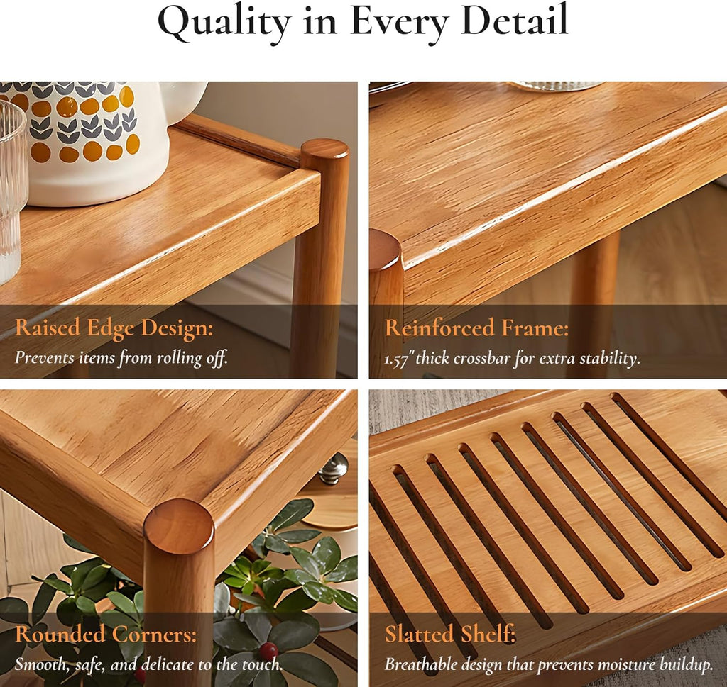 Side Table, Solid Wood Narrow End Table with Storage Shelf and Wheels, 2-Tier Sofa Table for Living Room, Rubber Wood Indoor Plant Stand, 26.8 H x 11.8 W x 19.7 D Inches (Natural)