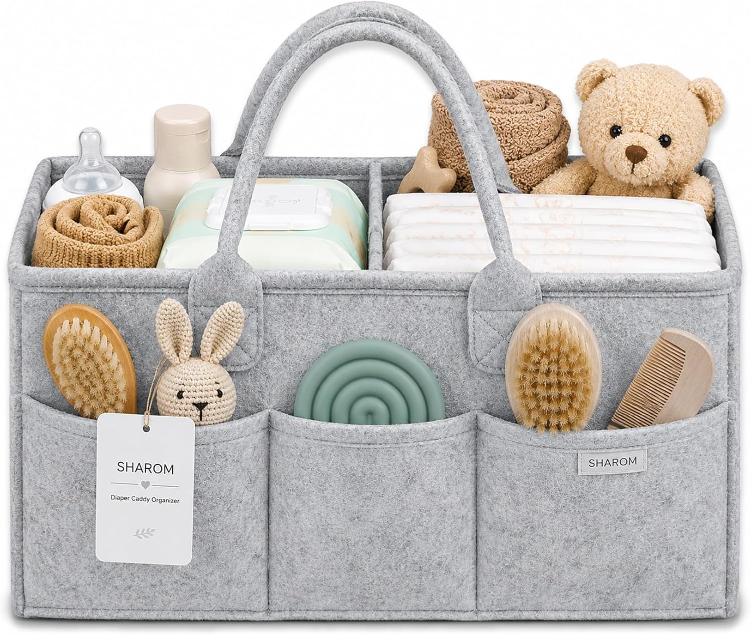 SHAROM Essential Baby Caddy for Newborns. Spacious, Sturdy & Portable Diaper and Nappy Caddy for Newborn Essentials, Nursery Storage Basket & Organiser for Baby Shower Gifts (Grey)
