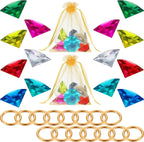 Chalyna 45Pcs Acrylic Diamond Gem Jewelry Alloy Gold Round Ring Set Halloween Party Favor Pirate Treasure Hunting Cake Decor with Gift Bag (Vivid Style)