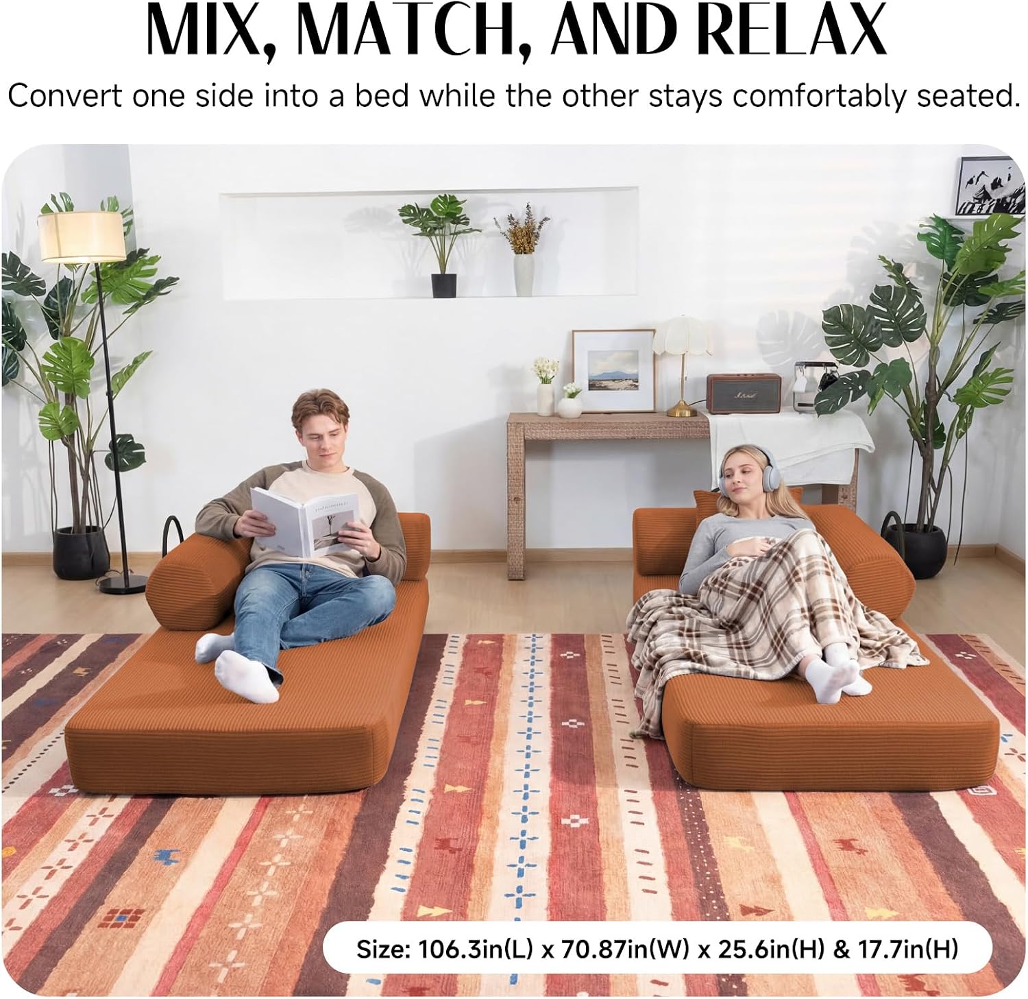 79" Corduroy Sofa Bed, Boneless Couch in a Box with 2 Pillows, High-Density Foam 4-in-1 Foldable Sleeper Futon Loveseat for Small Spaces, No Assembly, Side Pockets, Hex Arm Orange