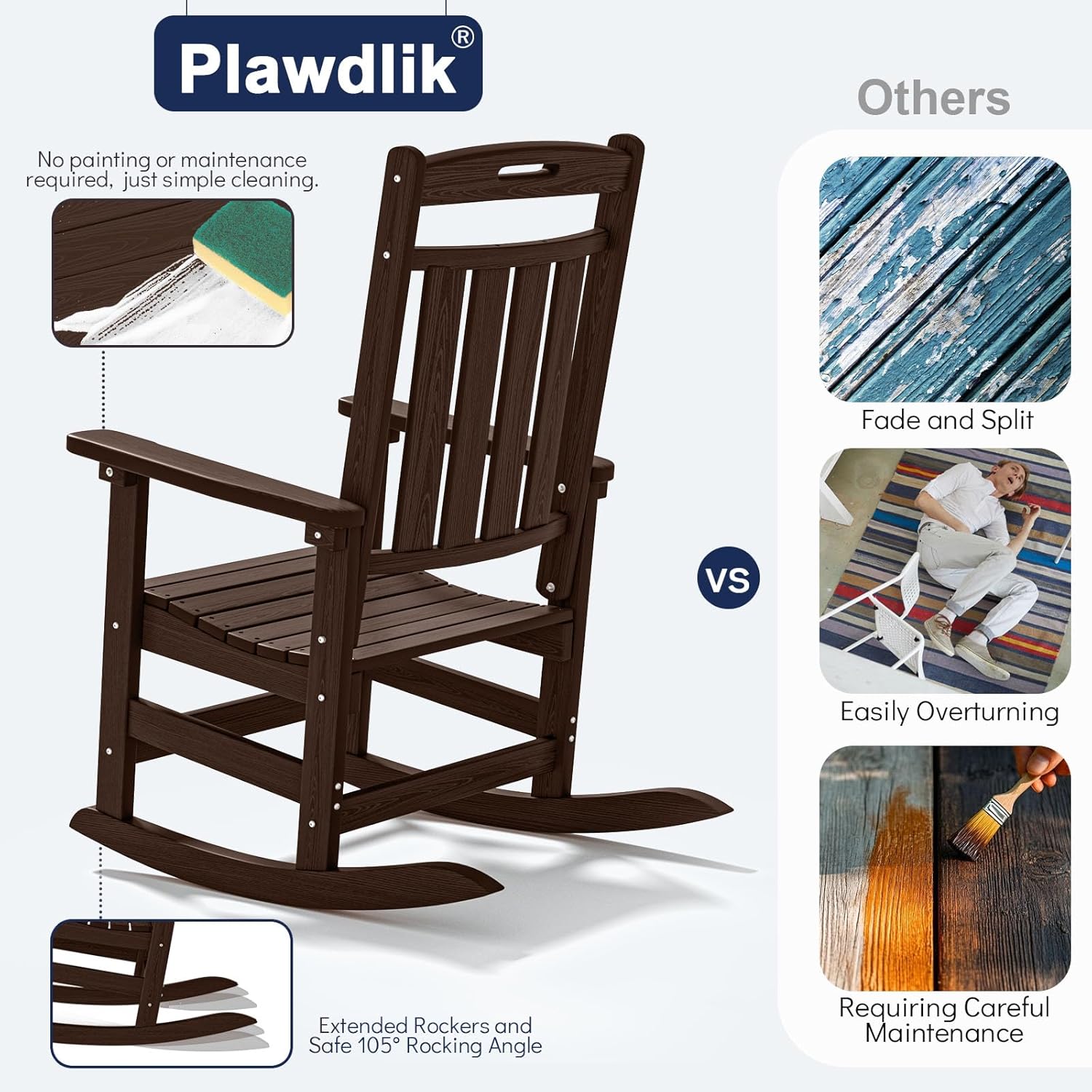 Plawdlik Oversized Outdoor Rocking Chair Set of 2- All-Weather Resistant,HDPE Heavy Duty Patio Rockers with High Back - Perfect for Porch,Garden,Coffee