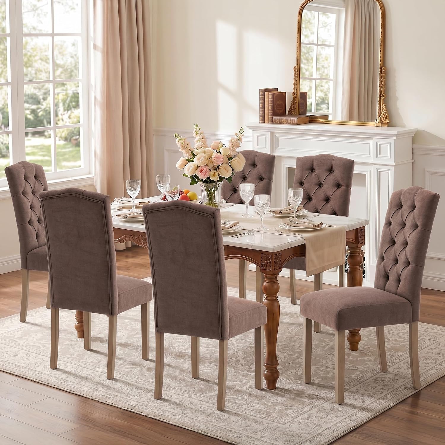 Tufted Upholstered Parsons Dining Chair Set Fabric Diner Accent Stylish Modern Kitchen Living Room with Button Sturdy Solid Wood Legs, 2-Pack