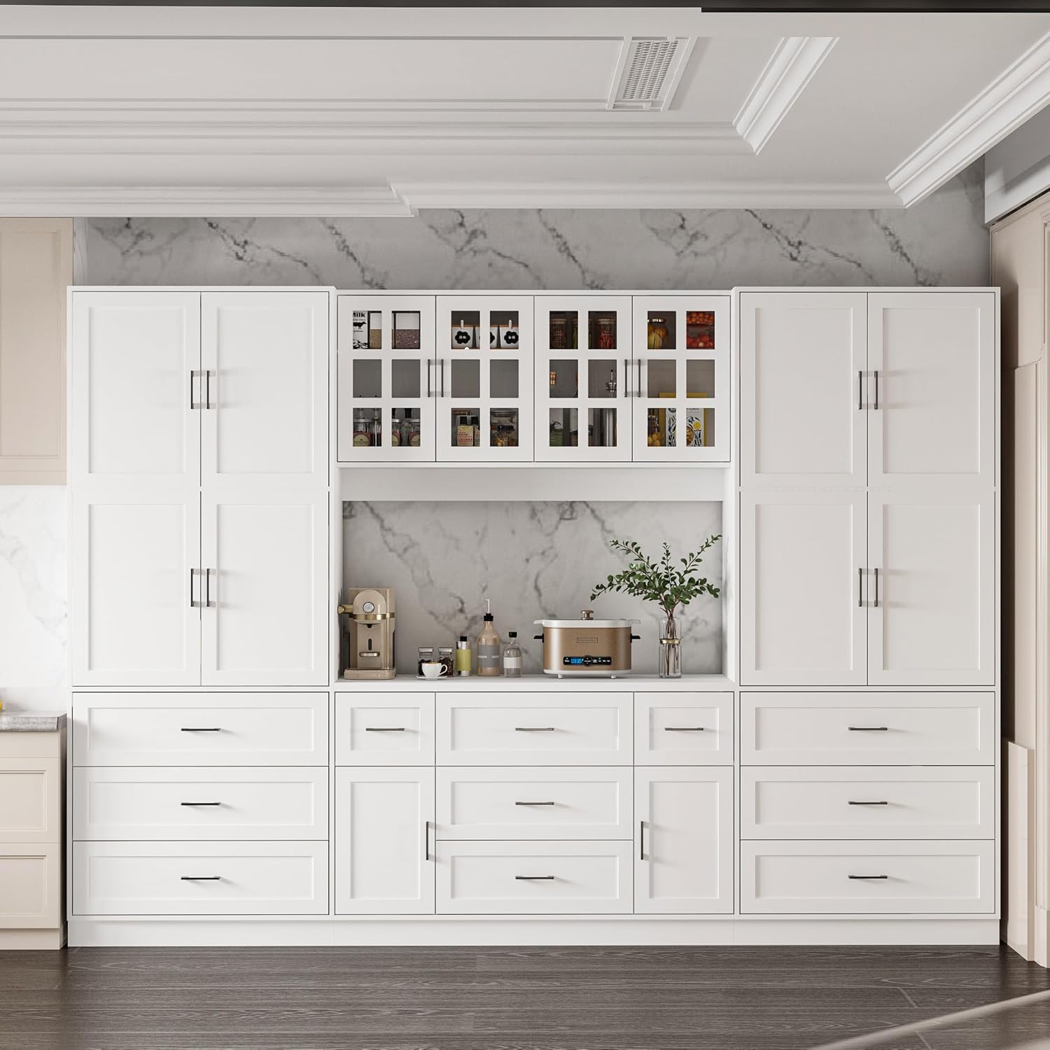 ECACAD 110.2" W Kitchen Pantry with Glass Doors & Open Countertop, Large Cupboard Storage Cabinet with Adjustable Shelves & 11 Drawers for Living Room, Dining Room, White