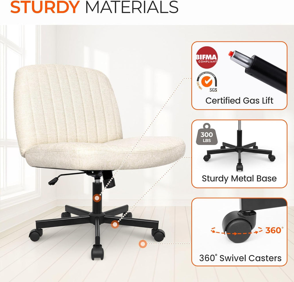 Orange Factory Criss Cross Chair Wheels Wide Cross Legged Office Desk Vanity Chair Comfy Fabric Armless Adjustable Swivel for Home Computer Task (Beige Wheel, Fabric)